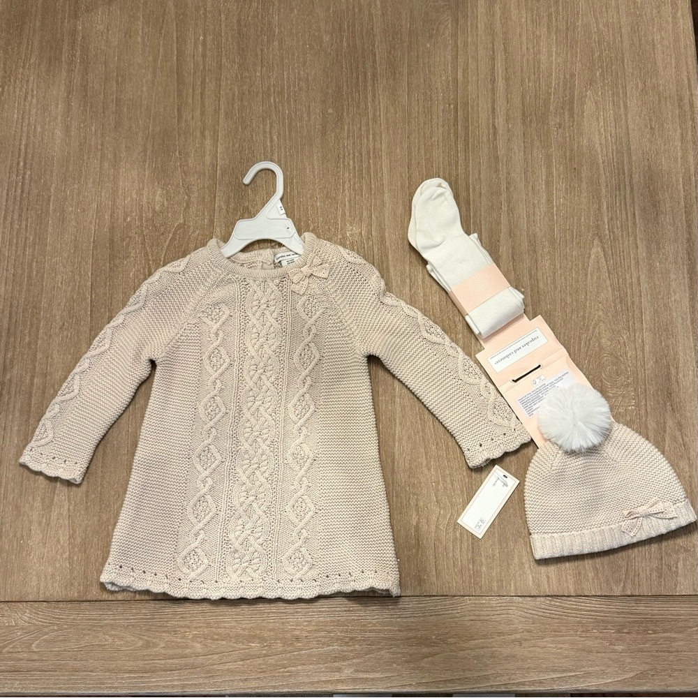 NEW! Cupcakes & Cashmere 3pc sweater dress hat tights beige girls 24mo Boutique